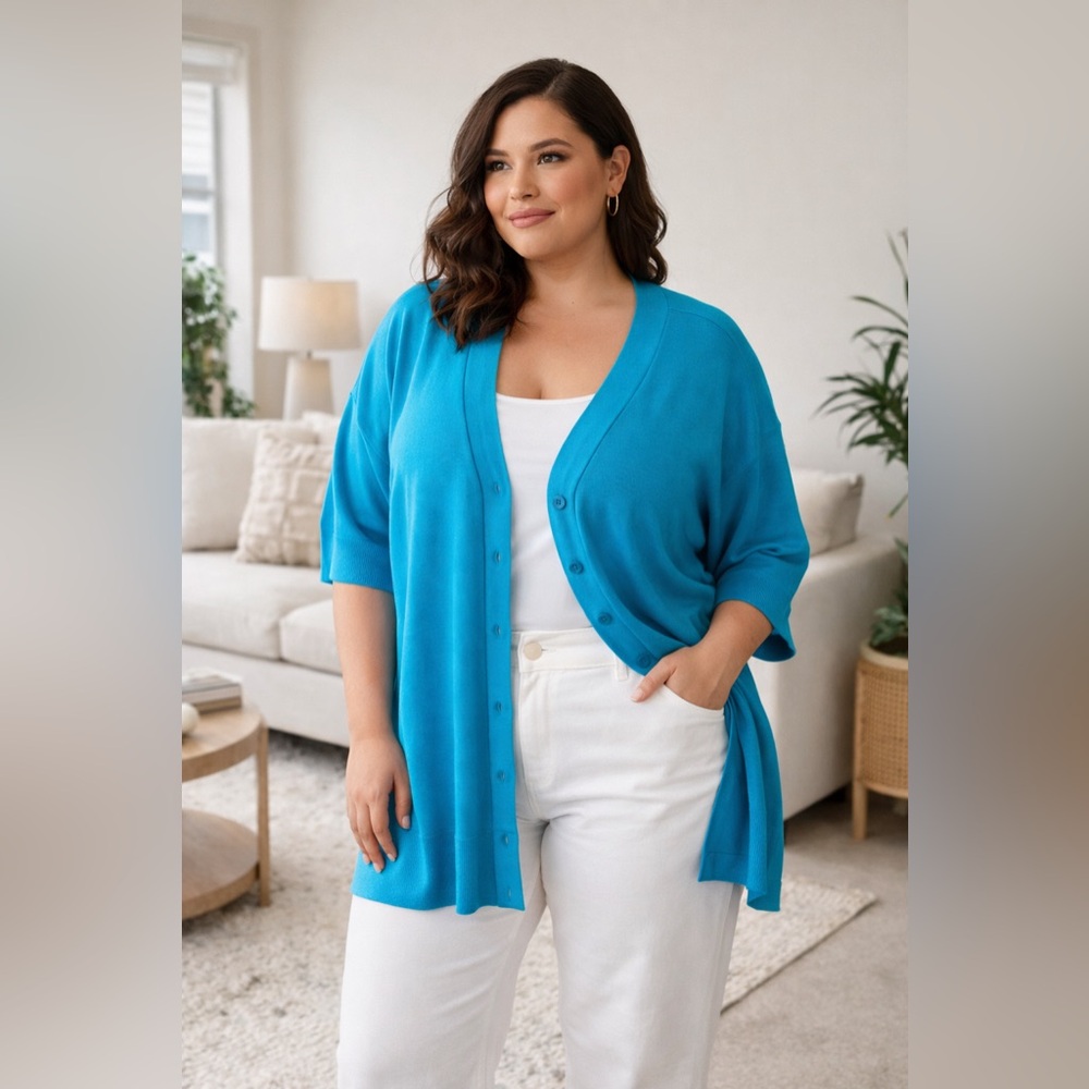 NEW Bright Blue Short Sleeve Cardigan Sweater